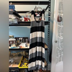Calvin Klein Sleeveless Racerback Dress with Grey, Cream, and Black Stripes